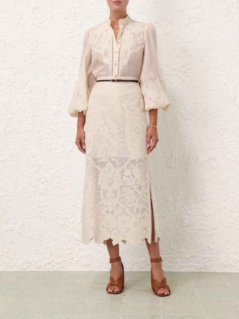 Zimmermann Ottie Cream Lace Midi Skirt with Side Slit